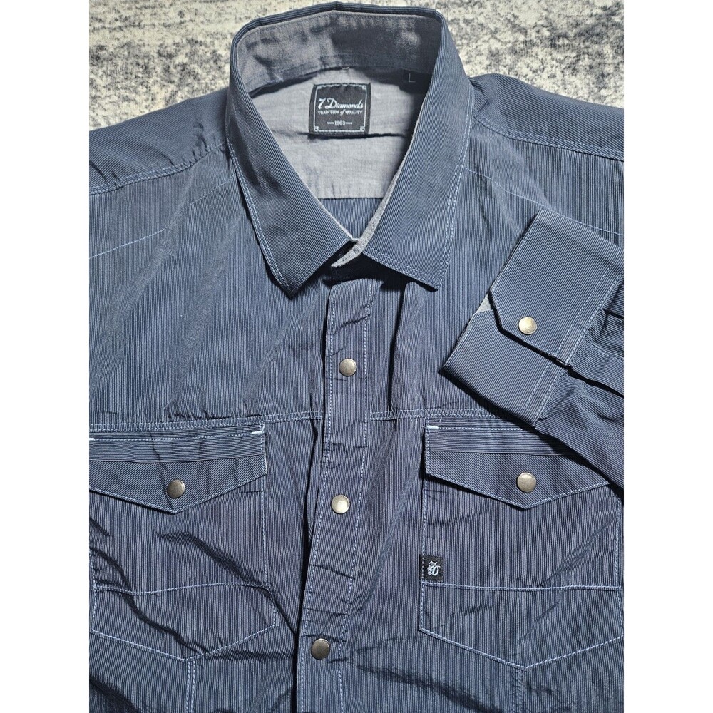 7 Diamonds Snap Button Blue Shirt Men's Size L 100% Cotton Large Double Pocket